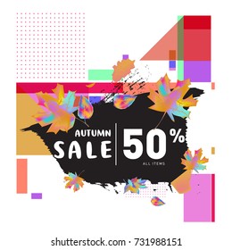 Autumn sale memphis style web banner. Fashion and travel discount poster. Vector holiday Abstract colorful illustration with special offer and promotion.