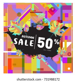 Autumn sale memphis style web banner. Fashion and travel discount poster. Vector holiday Abstract colorful illustration with special offer and promotion.