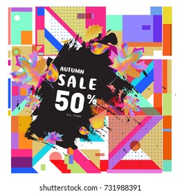 Autumn sale memphis style web banner. Fashion and travel discount poster. Vector holiday Abstract colorful illustration with special offer and promotion.