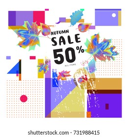 Autumn sale memphis style web banner. Fashion and travel discount poster. Vector holiday Abstract colorful illustration with special offer and promotion.