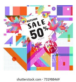 Autumn sale memphis style web banner. Fashion and travel discount poster. Vector holiday Abstract colorful illustration with special offer and promotion.