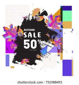Autumn sale memphis style web banner. Fashion and travel discount poster. Vector holiday Abstract colorful illustration with special offer and promotion.