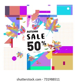 Autumn sale memphis style web banner. Fashion and travel discount poster. Vector holiday Abstract colorful illustration with special offer and promotion.