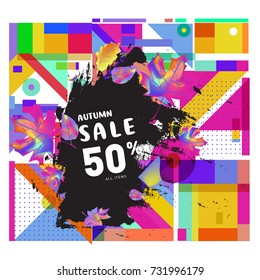 Autumn sale memphis style web banner. Fashion and travel discount poster. Vector holiday Abstract colorful illustration with special offer and promotion.