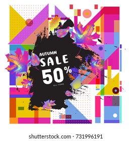 Autumn sale memphis style web banner. Fashion and travel discount poster. Vector holiday Abstract colorful illustration with special offer and promotion.