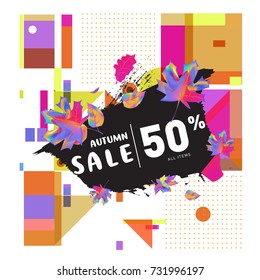Autumn sale memphis style web banner. Fashion and travel discount poster. Vector holiday Abstract colorful illustration with special offer and promotion.