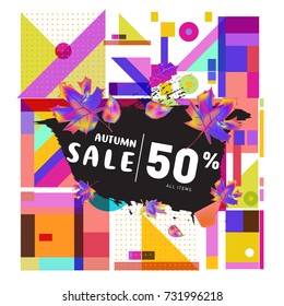 Autumn sale memphis style web banner. Fashion and travel discount poster. Vector holiday Abstract colorful illustration with special offer and promotion.