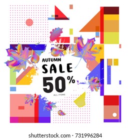 Autumn sale memphis style web banner. Fashion and travel discount poster. Vector holiday Abstract colorful illustration with special offer and promotion.