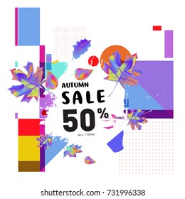 Autumn sale memphis style web banner. Fashion and travel discount poster. Vector holiday Abstract colorful illustration with special offer and promotion.