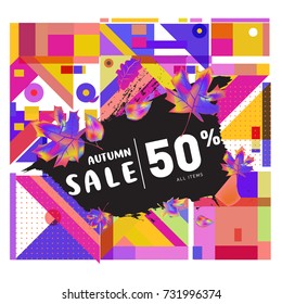 Autumn sale memphis style web banner. Fashion and travel discount poster. Vector holiday Abstract colorful illustration with special offer and promotion.