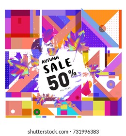 Autumn sale memphis style web banner. Fashion and travel discount poster. Vector holiday Abstract colorful illustration with special offer and promotion.