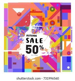 Autumn sale memphis style web banner. Fashion and travel discount poster. Vector holiday Abstract colorful illustration with special offer and promotion.