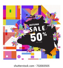 Autumn sale memphis style web banner. Fashion and travel discount poster. Vector holiday Abstract colorful illustration with special offer and promotion.