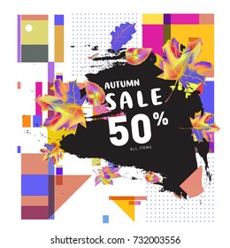 Autumn sale memphis style web banner. Fashion and travel discount poster. Vector holiday Abstract colorful illustration with special offer and promotion.