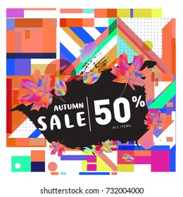 Autumn sale memphis style web banner. Fashion and travel discount poster. Vector holiday Abstract colorful illustration with special offer and promotion.