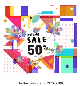 Autumn sale memphis style web banner. Fashion and travel discount poster. Vector holiday Abstract colorful illustration with special offer and promotion.