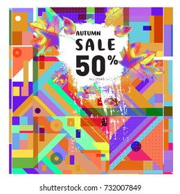 Autumn sale memphis style web banner. Fashion and travel discount poster. Vector holiday Abstract colorful illustration with special offer and promotion.