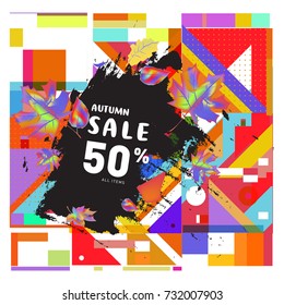 Autumn sale memphis style web banner. Fashion and travel discount poster. Vector holiday Abstract colorful illustration with special offer and promotion.