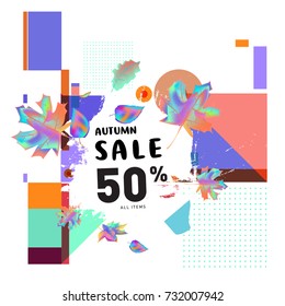 Autumn sale memphis style web banner. Fashion and travel discount poster. Vector holiday Abstract colorful illustration with special offer and promotion.