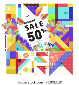 Autumn sale memphis style web banner. Fashion and travel discount poster. Vector holiday Abstract colorful illustration with special offer and promotion.