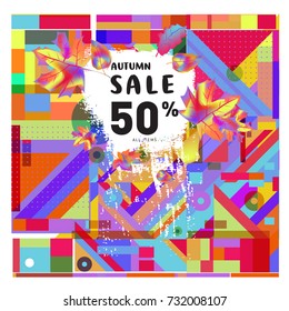 Autumn sale memphis style web banner. Fashion and travel discount poster. Vector holiday Abstract colorful illustration with special offer and promotion.