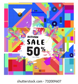 Autumn sale memphis style web banner. Fashion and travel discount poster. Vector holiday Abstract colorful illustration with special offer and promotion.