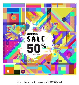 Autumn sale memphis style web banner. Fashion and travel discount poster. Vector holiday Abstract colorful illustration with special offer and promotion.