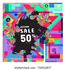Autumn sale memphis style web banner. Fashion and travel discount poster. Vector holiday Abstract colorful illustration with special offer and promotion.
