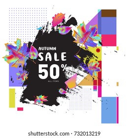 Autumn sale memphis style web banner. Fashion and travel discount poster. Vector holiday Abstract colorful illustration with special offer and promotion.