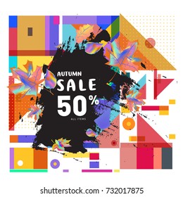 Autumn sale memphis style web banner. Fashion and travel discount poster. Vector holiday Abstract colorful illustration with special offer and promotion.
