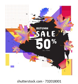 Autumn sale memphis style web banner. Fashion and travel discount poster. Vector holiday Abstract colorful illustration with special offer and promotion.