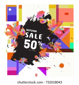 Autumn sale memphis style web banner. Fashion and travel discount poster. Vector holiday Abstract colorful illustration with special offer and promotion.