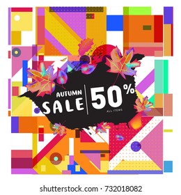 Autumn sale memphis style web banner. Fashion and travel discount poster. Vector holiday Abstract colorful illustration with special offer and promotion.