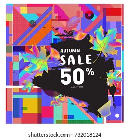 Autumn sale memphis style web banner. Fashion and travel discount poster. Vector holiday Abstract colorful illustration with special offer and promotion.