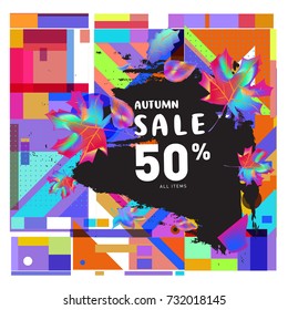 Autumn sale memphis style web banner. Fashion and travel discount poster. Vector holiday Abstract colorful illustration with special offer and promotion.