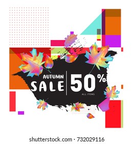Autumn sale memphis style web banner. Fashion and travel discount poster. Vector holiday Abstract colorful illustration with special offer and promotion.