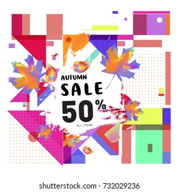 Autumn sale memphis style web banner. Fashion and travel discount poster. Vector holiday Abstract colorful illustration with special offer and promotion.