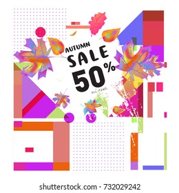 Autumn sale memphis style web banner. Fashion and travel discount poster. Vector holiday Abstract colorful illustration with special offer and promotion.