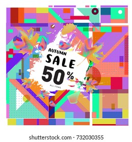 Autumn sale memphis style web banner. Fashion and travel discount poster. Vector holiday Abstract colorful illustration with special offer and promotion.