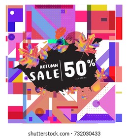Autumn sale memphis style web banner. Fashion and travel discount poster. Vector holiday Abstract colorful illustration with special offer and promotion.
