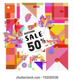 Autumn sale memphis style web banner. Fashion and travel discount poster. Vector holiday Abstract colorful illustration with special offer and promotion.