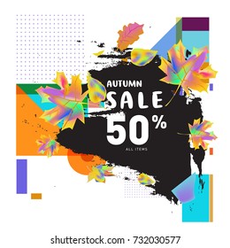 Autumn sale memphis style web banner. Fashion and travel discount poster. Vector holiday Abstract colorful illustration with special offer and promotion.
