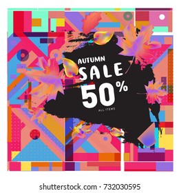 Autumn sale memphis style web banner. Fashion and travel discount poster. Vector holiday Abstract colorful illustration with special offer and promotion.
