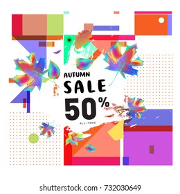 Autumn sale memphis style web banner. Fashion and travel discount poster. Vector holiday Abstract colorful illustration with special offer and promotion.