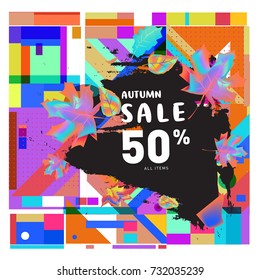 Autumn sale memphis style web banner. Fashion and travel discount poster. Vector holiday Abstract colorful illustration with special offer and promotion.