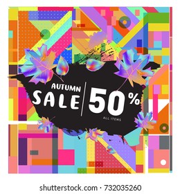 Autumn sale memphis style web banner. Fashion and travel discount poster. Vector holiday Abstract colorful illustration with special offer and promotion.