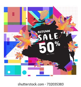 Autumn sale memphis style web banner. Fashion and travel discount poster. Vector holiday Abstract colorful illustration with special offer and promotion.