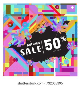 Autumn sale memphis style web banner. Fashion and travel discount poster. Vector holiday Abstract colorful illustration with special offer and promotion.
