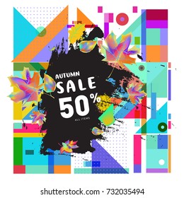Autumn sale memphis style web banner. Fashion and travel discount poster. Vector holiday Abstract colorful illustration with special offer and promotion.