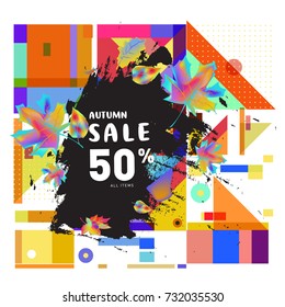 Autumn sale memphis style web banner. Fashion and travel discount poster. Vector holiday Abstract colorful illustration with special offer and promotion.